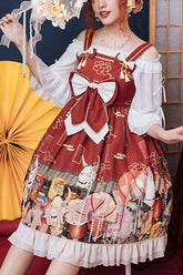 Wine Demon Mask Print Bowknot High Waisted Sling Sweet Lolita Dress